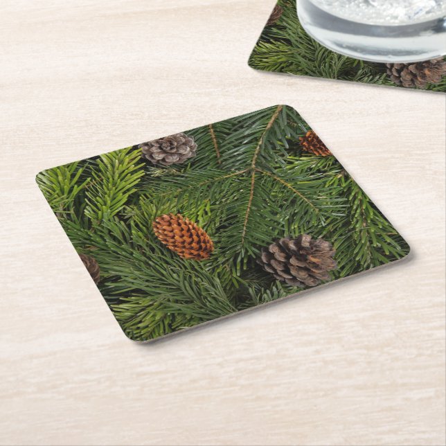 Christmas Tree Branches Square Paper Coaster (Angled)