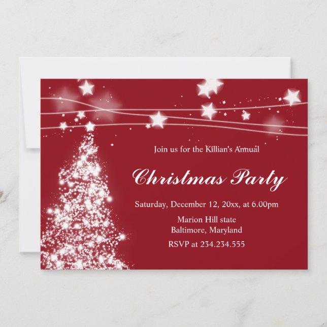 Christmas Tree Bright Stars Christmas Party Maroon Invitation (Front)