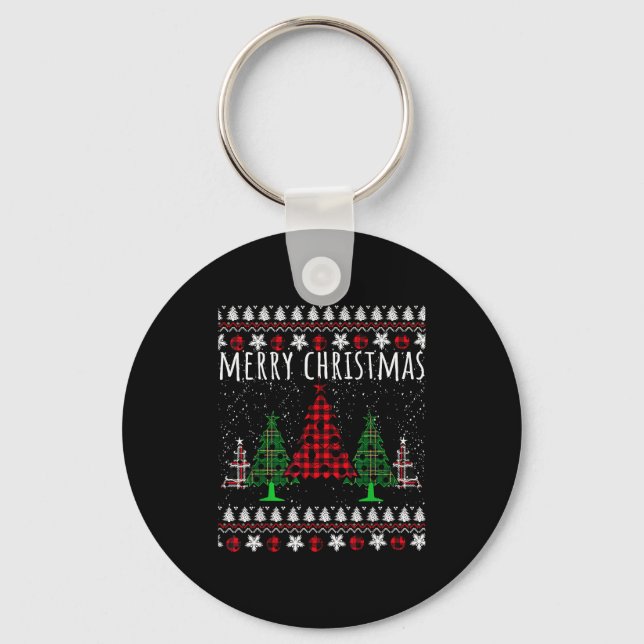 Christmas Tree Buffalo Gingham Plaid  Key Ring (Front)