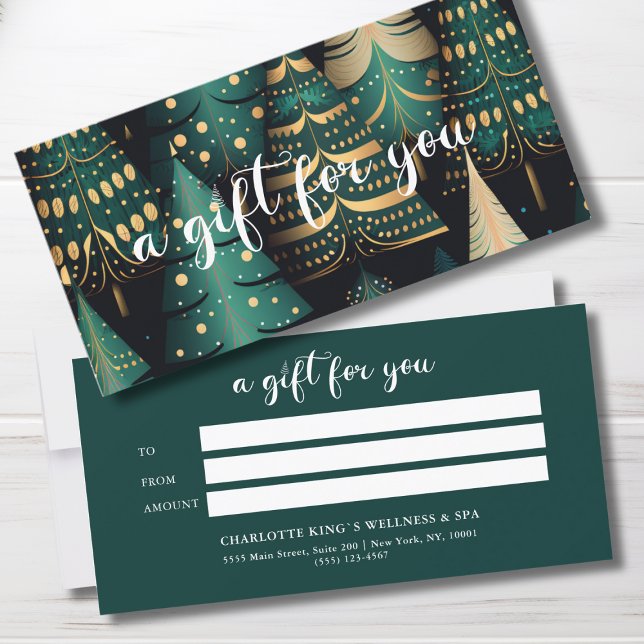 CHRISTMAS TREE BUSINESS CERTIFICATE gift for you (Salon, Christmas-Tree-Green-Gold- Script Font, Elegant, Festive, Business Gift Certificate "A gift f)