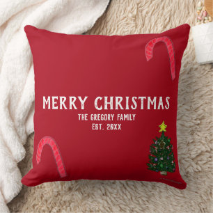 Christmas Tree Candy Canes Family NAME Red Cushion
