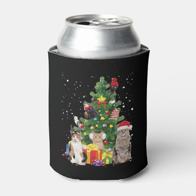 christmas tree cats - cat christmas sweater can cooler (Can Front)