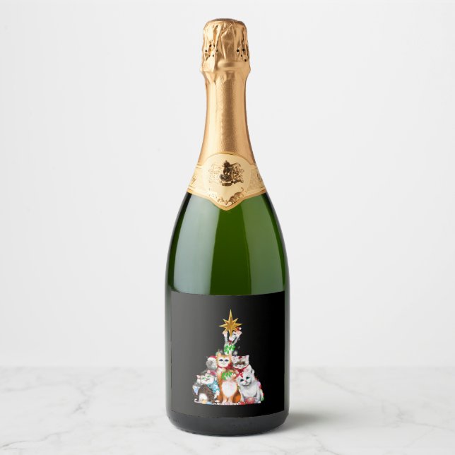 christmas tree cats sparkling wine label (Front)