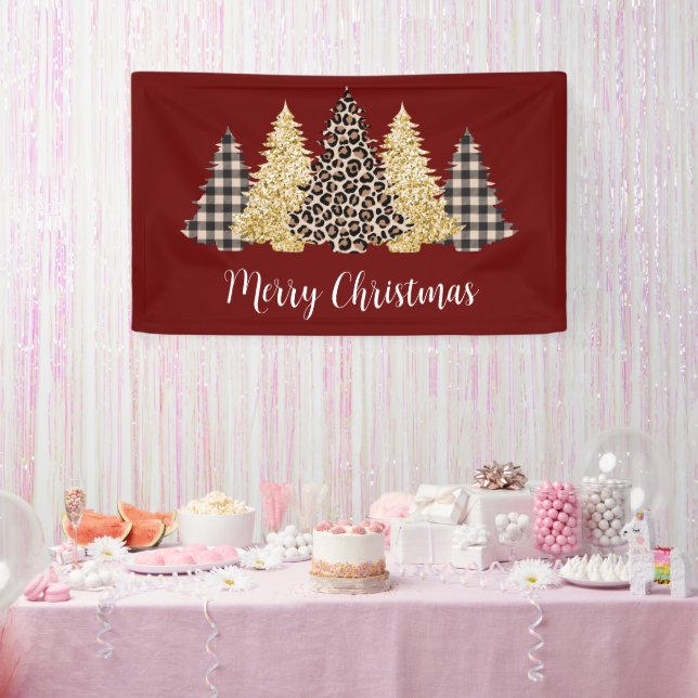 Christmas Tree Cheetah Print Buffalo Plaid Glitter Banner (Party)