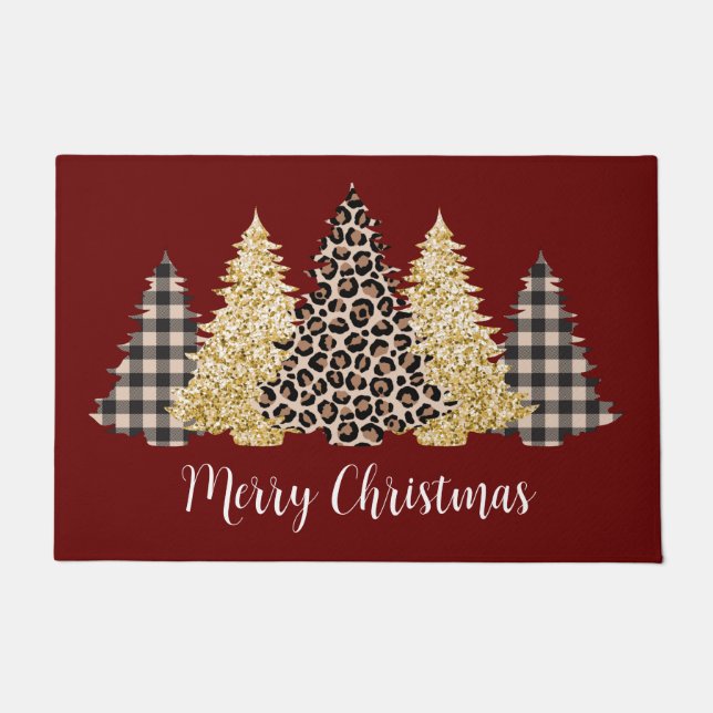 Christmas Tree Cheetah Print Buffalo Plaid Glitter Doormat (Front)