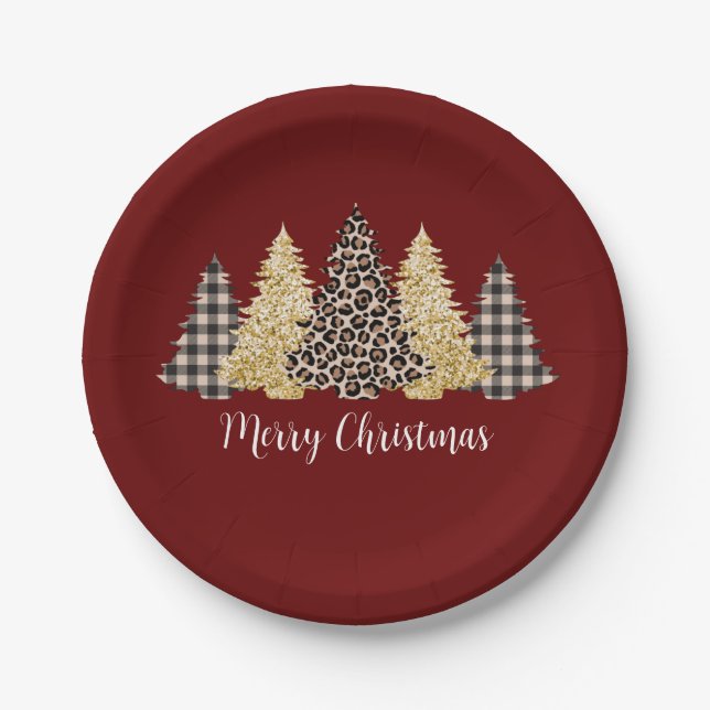 Christmas Tree Cheetah Print Buffalo Plaid Glitter Paper Plate (Front)
