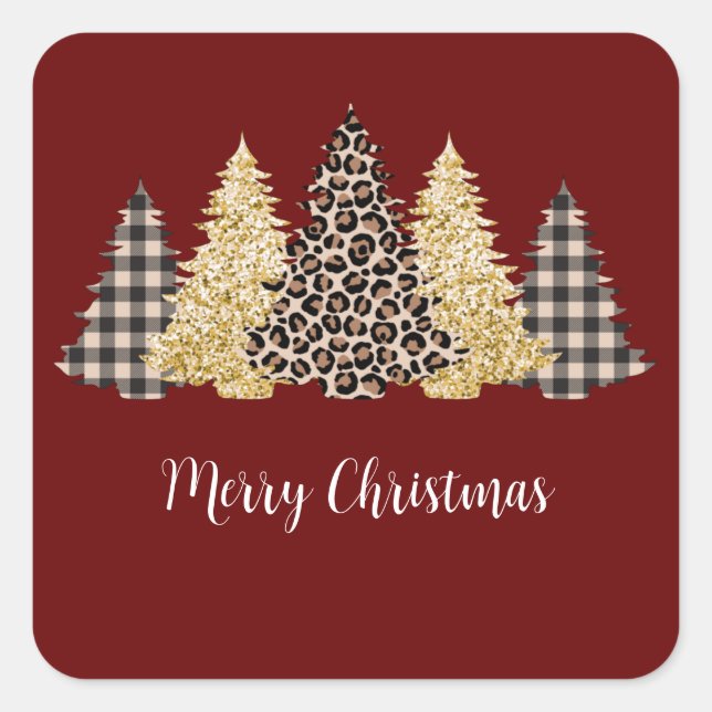 Christmas Tree Cheetah Print Buffalo Plaid Glitter Square Sticker (Front)