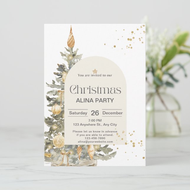 Christmas Tree Classic Sparkle Green Gold Elegant  Invitation (Standing Front)