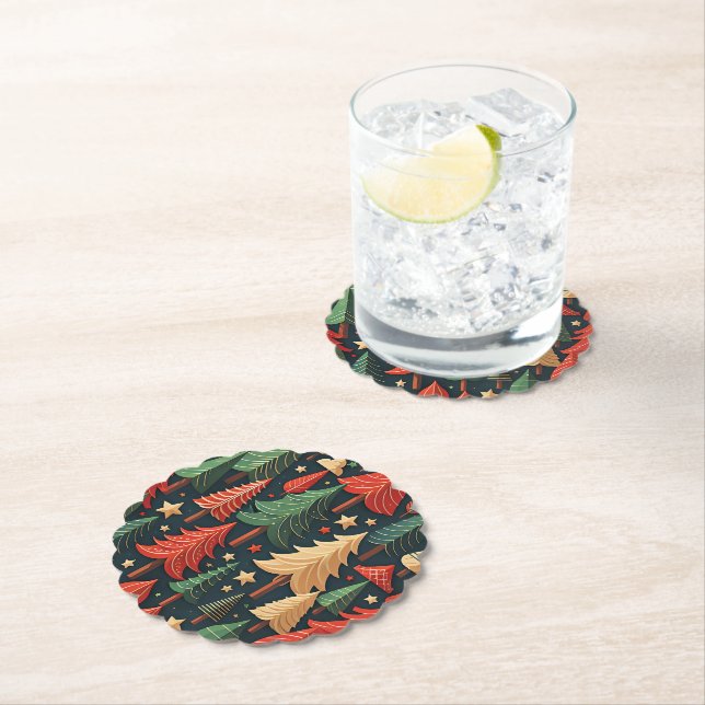 Christmas Tree Colourful Pattern Paper Coaster (Insitu)