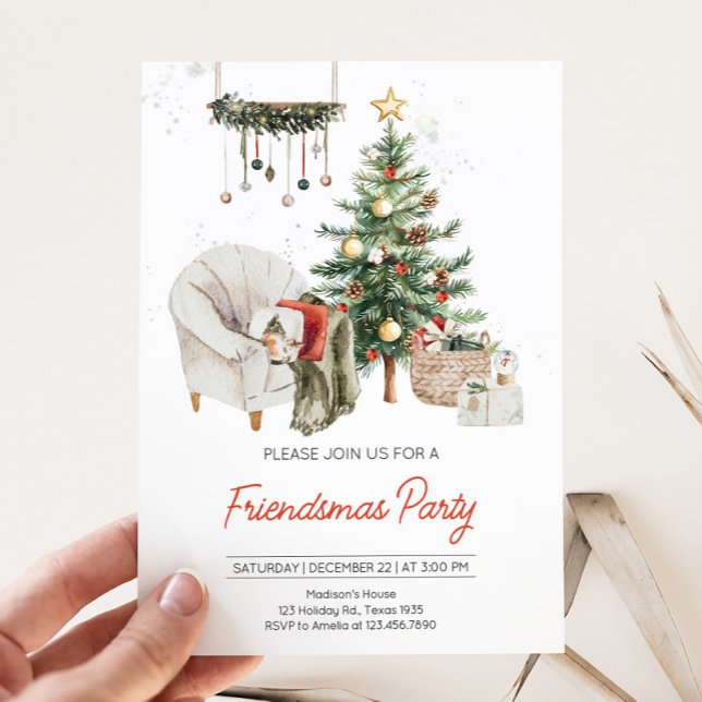 Christmas Tree Cosy Friendsmas Party Invitation (Cozy Christmas Tree Friendsmas Party)