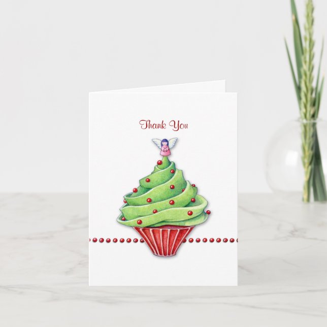 Christmas Tree Cupcake Thank You Note Card (Front)