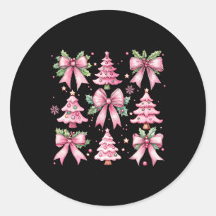 Christmas Tree Cute Retro Coquette Bow Pink Women Classic Round Sticker