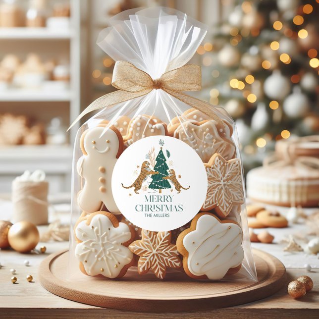 Christmas Tree Cute Tigers Merry Christmas Retro Classic Round Sticker (Creator Uploaded)