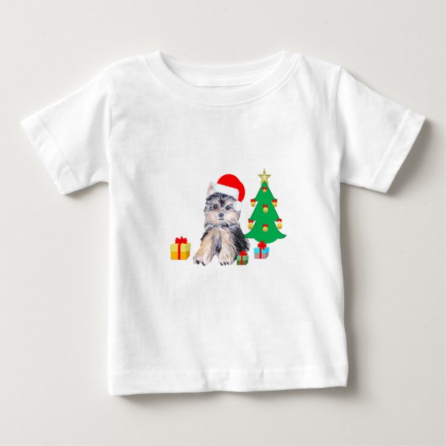 Christmas tree, cute Yorkshire puppy dog & gifts Baby T-Shirt (Front)