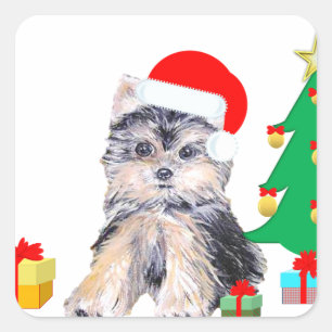 Christmas tree, cute Yorkshire puppy dog & gifts Square Sticker