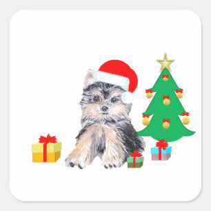 Christmas tree, cute Yorkshire puppy dog & gifts Square Sticker