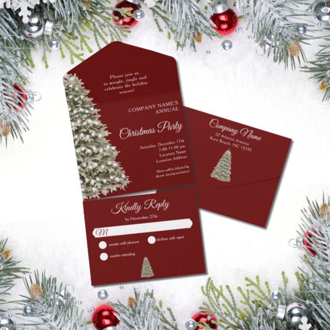 Christmas Tree Dark Red Company Holiday Party All In One Invitation (Creator Uploaded)