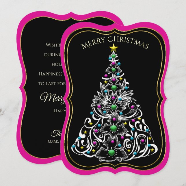 Christmas Tree Decorated Double-Sided, Black/Pink Invitation (Front/Back)