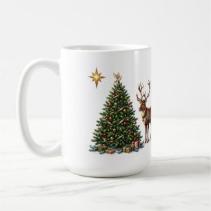 Christmas tree decorated with a reindeer and gifts coffee mug