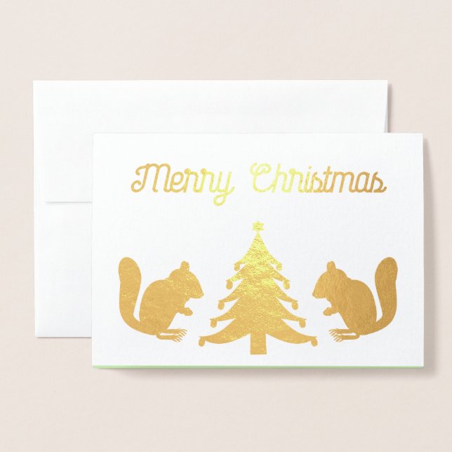 Christmas Tree Decorating Squirrels Custom Foil Card (Front With Envelope)