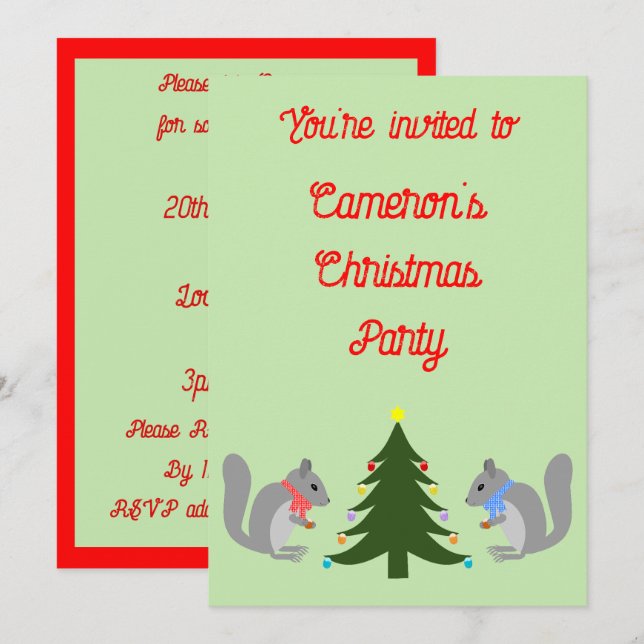 Christmas Tree Decorating Squirrels Custom Invitation (Front/Back)