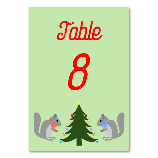 Christmas Tree Decorating Squirrels Custom Table Number (Front)