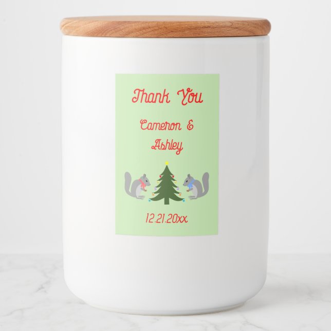 Christmas Tree Decorating Squirrels Custom Wedding Food Label (Front)