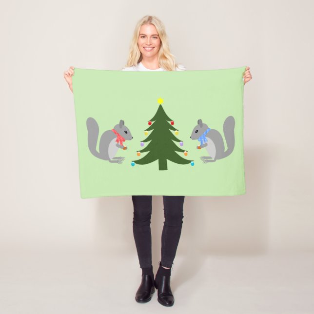 Christmas Tree Decorating Squirrels Fleece Blanket (In Situ)