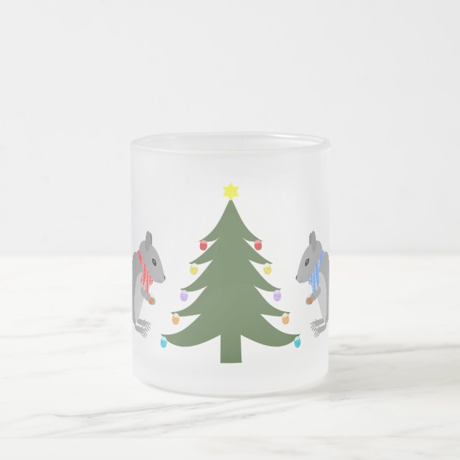 Christmas Tree Decorating Squirrels Frosted Glass Coffee Mug (Center)
