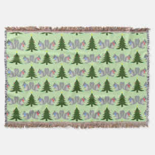 Christmas Tree Decorating Squirrels Patterned Throw Blanket