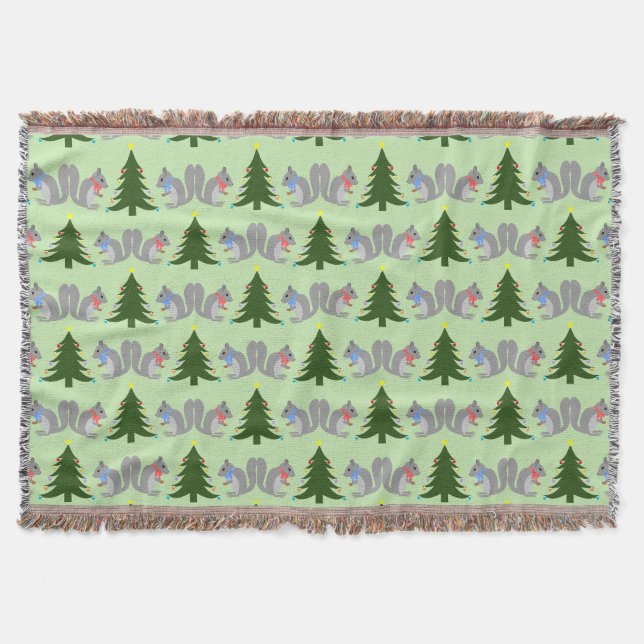 Christmas Tree Decorating Squirrels Patterned Throw Blanket (Front)
