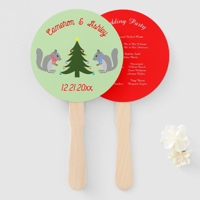 Christmas Tree Decorating Squirrels Wedding Hand Fan (Front and Back)