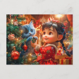 Christmas Tree Decorating with Cat Holiday Postcard