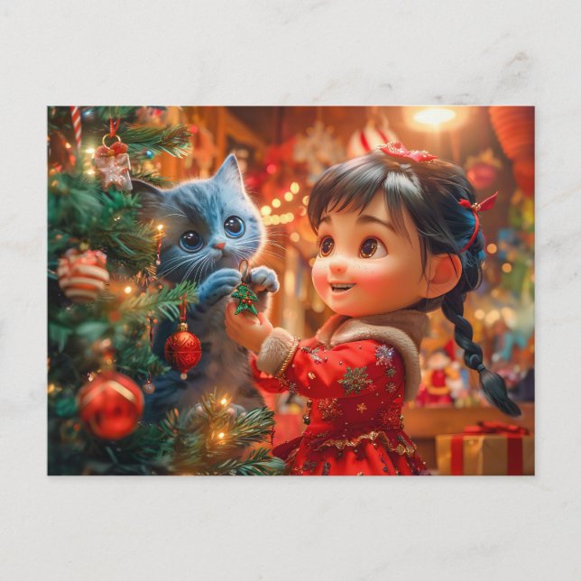 Christmas Tree Decorating with Cat Holiday Postcard (Front)