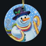 Christmas tree decoration Snowman and tinsel.<br><div class="desc">Round Christmas tree decoration Snowman and tinsel. Blues.
This jolly snowman is about to decorate his tree with colorful tinsel.
See the other characters in this same series,  Santa and Polar Bear and Rudolph.</div>