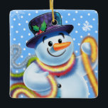 Christmas tree decoration Snowman & tinsel.<br><div class="desc">Square Christmas tree decoration Snowman and tinsel. Blues.
This jolly snowman is about to decorate his tree with colorful tinsel.
See the other characters in this same series,  Santa and Polar Bear and Rudolph.</div>