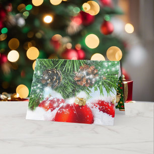 Christmas Tree Decorations in Snow Red Green Text  Holiday Card