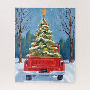 Christmas Tree Delivery Red Truck Watercolor Jigsaw Puzzle