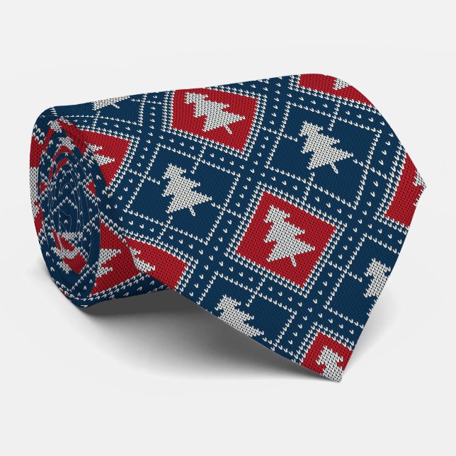 Christmas Tree Diamond Red White Blue Christmas Tie (Rolled)