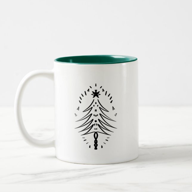 Christmas Tree Doodles Whimsical Ink Art Two-Tone Coffee Mug (Left)