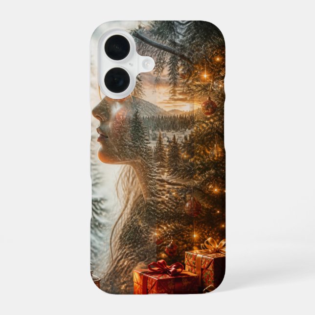 Christmas Tree Double Exposure Portrait Phone Case (Back)