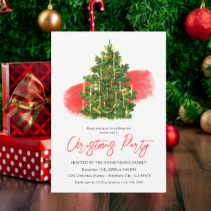 Christmas Tree Elegant Red White Holiday Party Invitation