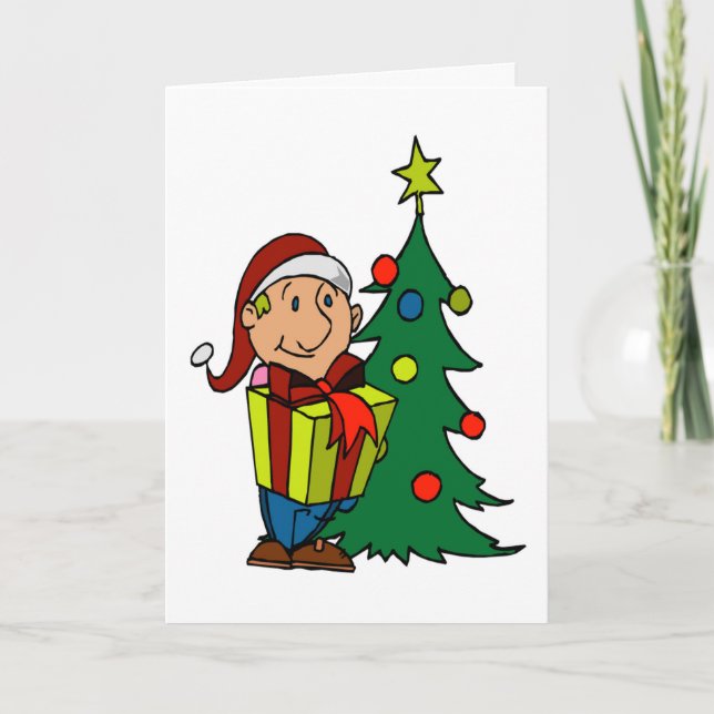 Christmas Tree Elf Places Present Gift Under Tree Holiday Card (Front)
