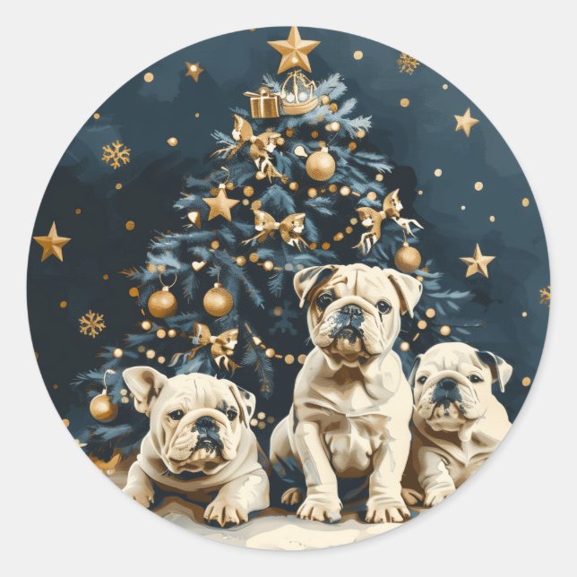 Christmas Tree English Bulldog Puppies Classic Round Sticker (Front)