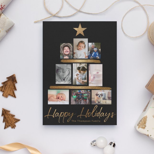 Christmas tree Family photo Collage Year Review Holiday Card (Customizable Happy Holidays Black gold Script Christmas family photo tree collage.)