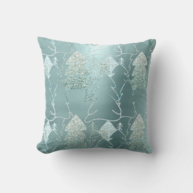 Christmas Tree Fancy Glitter Ice Blue Aqua Gray Cushion (Front)