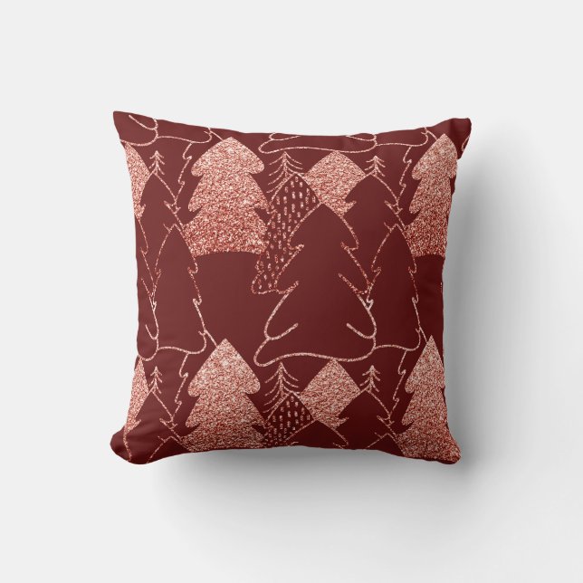 Christmas Tree Fancy Glitter Rose Gold Burgundy Cushion (Front)