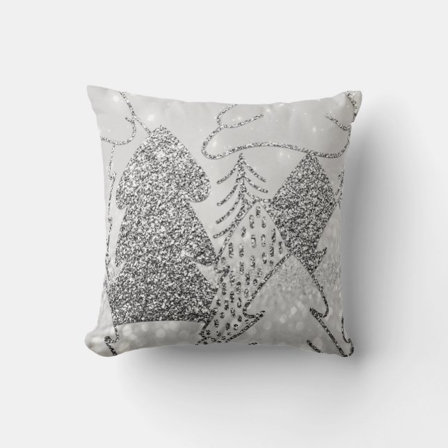 Christmas Tree Fancy Glitter Silver Grey Winter Cushion (Front)