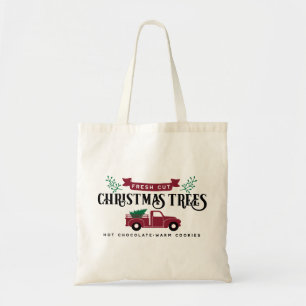 Christmas tree farm and vintage truck tote bag