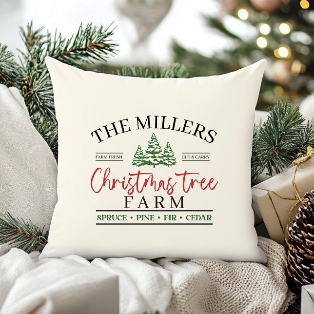 Christmas Tree Farm  Cushion (Christmas Tree Farm Throw Pillow with Custom Family Name)